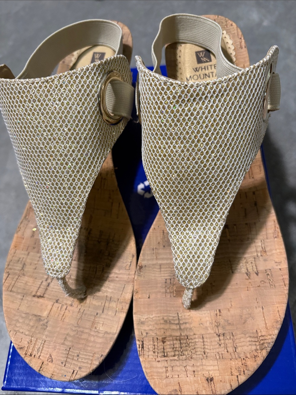White Mountain Cream Metallic Mesh Cork Wedge Thong Sandals